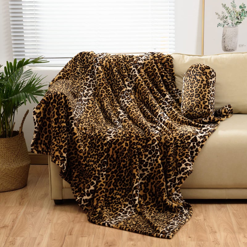 Bnuitland Leopard Print Flannel Twin Size Blanket with Storage Pouch for Bed Sofa Couch Travel, 300 GSM Double Sided Super Soft Fuzzy Fluffy Cheetah Print Blanket for Adults and Kids, 60x80 inch - Image 1